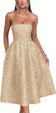 Vestido de fiesta de satén jacquard floral, largo hasta la rodilla, corte A, sin tirantes, con corsé, para dama de honor, para fiesta de noche formal 