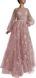 Women's Puffy Sleeve Tulle Prom Dresses Flower Embroidery Long Formal Evening Party Gowns with Pockets