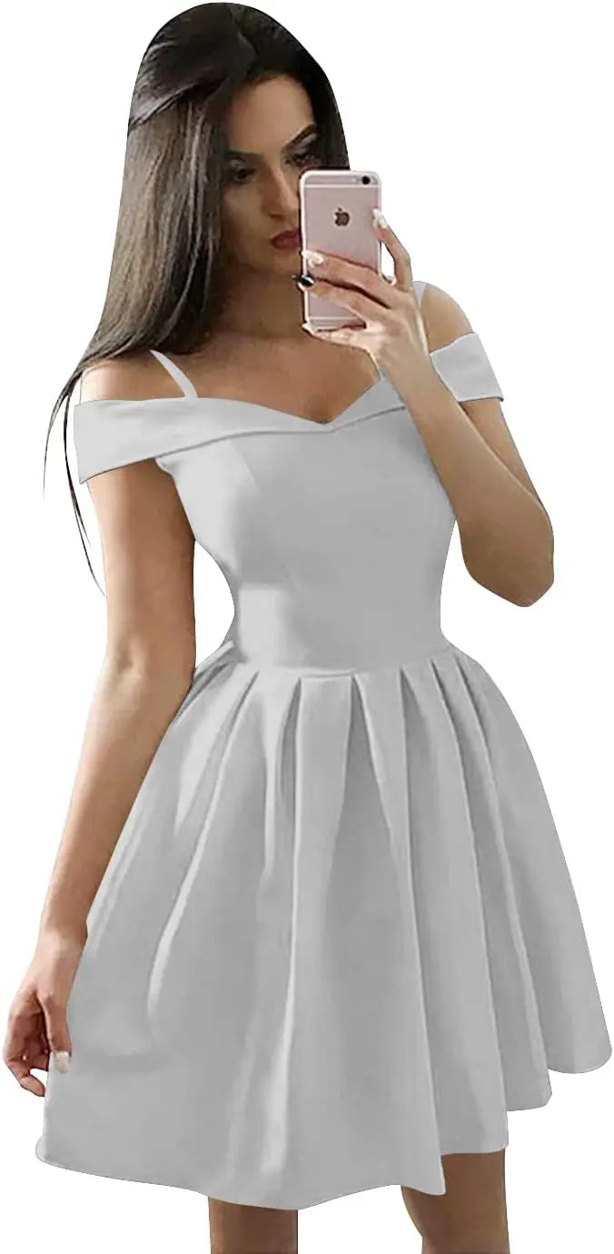 Vestidos cortos con hombros descubiertos para adolescentes (2025), vestido de fiesta con tirantes finos y bolsillos, vestido de dama de honor para fiesta de bodas. 