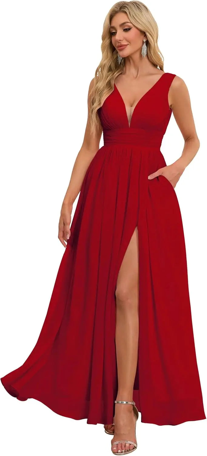 Vestidos de dama de honor con abertura y escote en V, vestidos de fiesta, línea A, plisados, para invitada de boda con bolsillos 