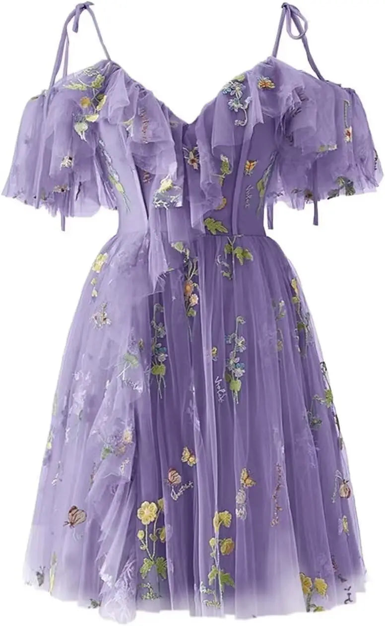 Flower Embroidery Tulle Short Homecoming Dresses for Teens 2026 Mini Spaghetti Straps Formal Prom Party Gown Junior Bridesmaid