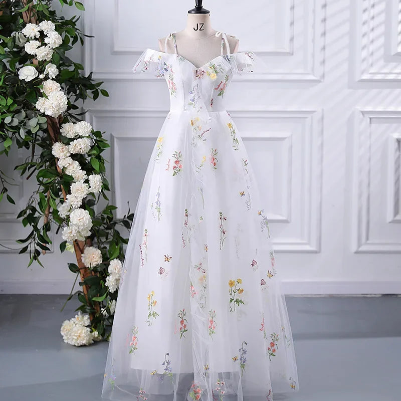 New Spaghetti Strap Evening Dresses Sweet Embroidery Flower Tulle Party Dress Elegant Long A-line Prom Dresses Customized