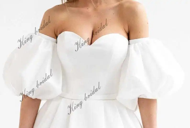 Vestido de novia de satén brillante, vestido de novia personalizado, vestido de novia con corsé y hombros descubiertos, vestido de novia con falda de burbuja 