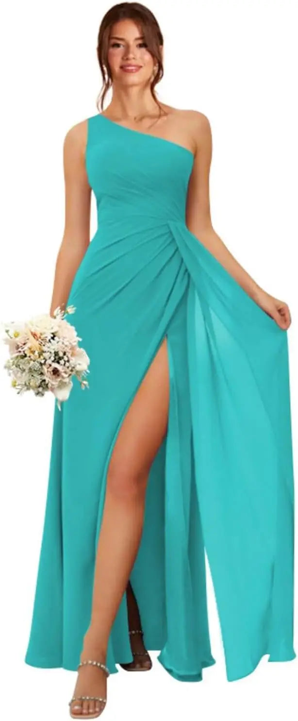 One Shoulder Bridesmaid Dresses for Women Long Ruched Chiffon A Line Formal Evening Dress with Slit prom dresses