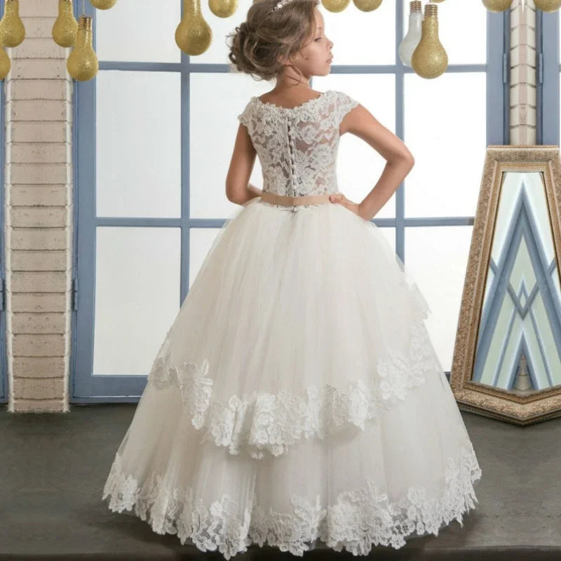Tüll Puffy Applikationen Spitze mit Schleife ärmellos für Hochzeiten Geburtstagsfeier Festzug Erstkommunion Kleider Blumenmädchenkleider 