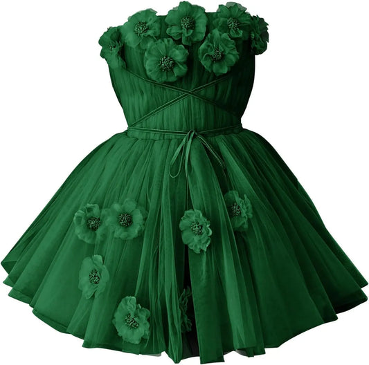 Vestido de cóctel corto de tul sin tirantes, floral, corte A, para adolescentes, personalizable, para fiesta, graduación, minivestido 