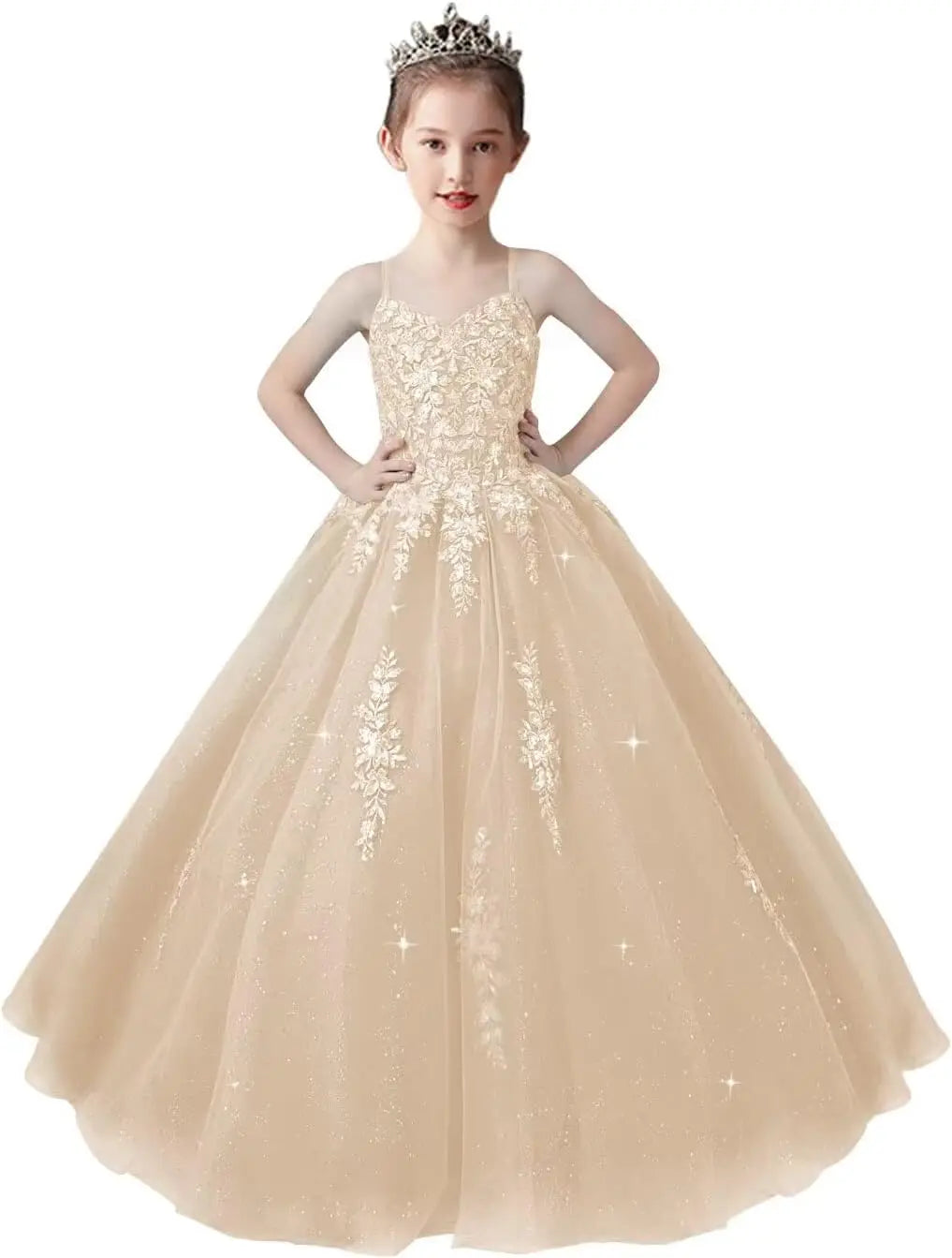 Lace Applique Tulle Pageant Gowns for Girls Ball Gown Flower Girl Dress Princess Toddler Kids Prom Pageant   Dress