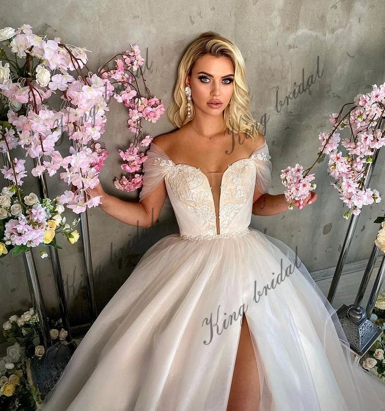 tulle floral lace fairy wedding dress. Modern bridal lace-up corset ball gown. Unique A line wedding dress with sexy deep V neck
