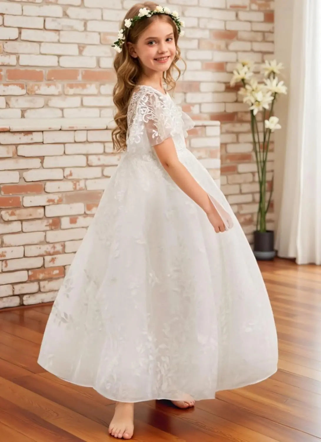 Vestido de primera comunión de encaje con mangas con volantes para niña de las flores, para boda, desfile, vestido de princesa 