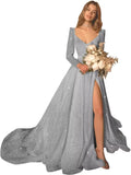 Glitter Prom Dresses Simple Long Sleeve Wedding Dresses for Bride A Line Princess Ball Gown with Slit simple wedding dress