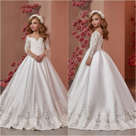Vestido elegante de primera comunión para fiesta de cumpleaños, largo hasta el suelo, color blanco, para niña de las flores, para desfile de bodas, con apliques de satén, 2026 