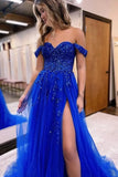 Vestido de fiesta de tul con hombros descubiertos, abertura, apliques de encaje brillante, corsé, vestido formal de fiesta de noche, vestidos de fiesta para mujer, noche 