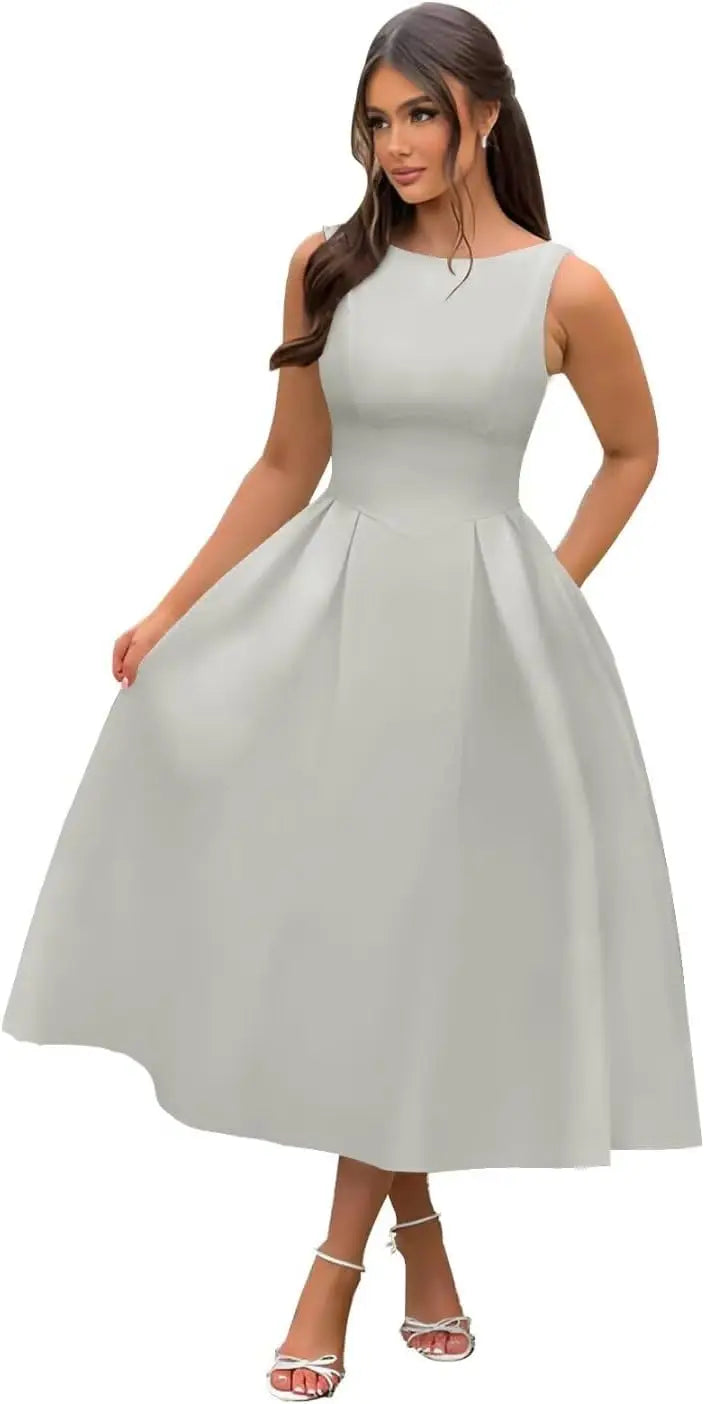 Vestidos de fiesta de satén con cuello barco y midi, largos hasta la rodilla, espalda escotada, corte en A, vestidos formales de noche para fiesta, vestido de cóctel y fiesta 