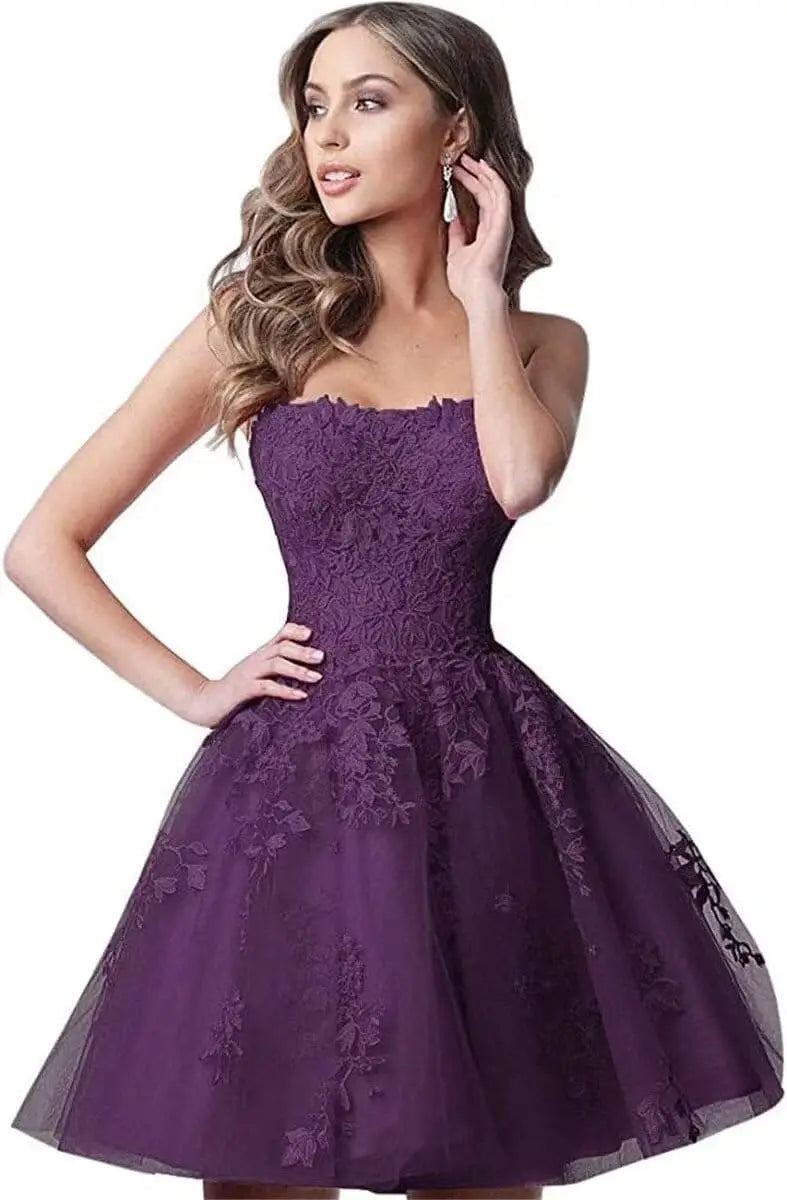 Spitzen-Heimkehrkleider, kurz, A-Linie, trägerlos, formelle Cocktailparty-Kleider, Abschlussballkleid, Ballkleider, Minikleid 