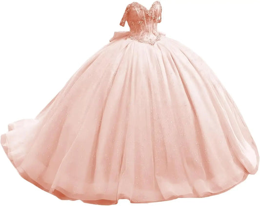 Off Shoulder Beaded Quinceanera Dresses Glitter Tulle Prom Dress Butterfly Appliques Sweet 16 Dresses with Bow