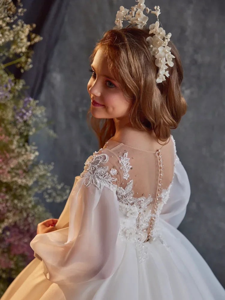 Apliques de satén blanco con cuentas de pedrería, lazo grande, manga larga para bodas, cumpleaños, banquetes, vestidos de princesa, vestidos de niña de las flores 