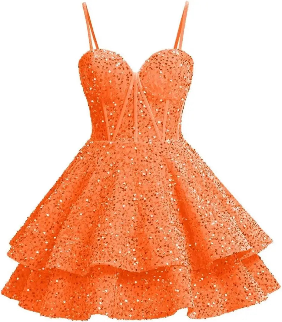 Vestidos de fiesta de graduación con lentejuelas brillantes para adolescentes, tirantes finos, corsé, vestido de cóctel con capas brillantes 