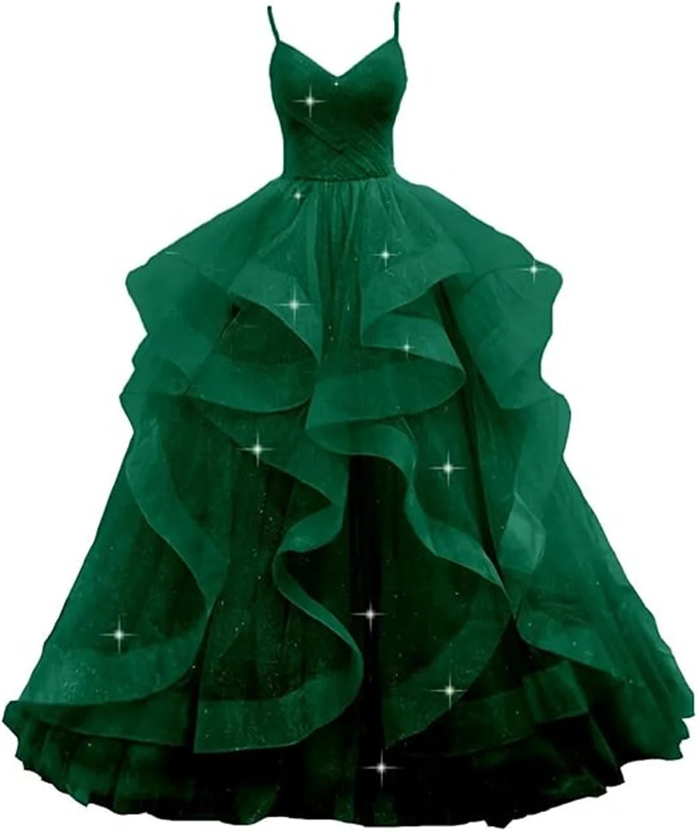 Customized V Neck Glitter Tulle Long Prom Dresses Spaghetti Straps Ball Gown For Women Puffy Tiered Formal Evening Party Dresses