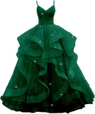 Customized V Neck Glitter Tulle Long Prom Dresses Spaghetti Straps Ball Gown For Women Puffy Tiered Formal Evening Party Dresses
