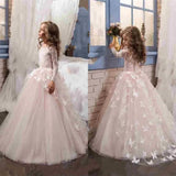 Butterfly Lace Appliques Long Sleeve Flower Girl Dress for Wedding Birthday Ball Gown First Holy Communion Celebration Dresses