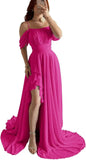 Elegantes schulterfreies Chiffon-Ballkleid für Brautjungfern mit Schlitz, lang, A-Linie, plissierte Rüschen, formelles Abendkleid für Damen 