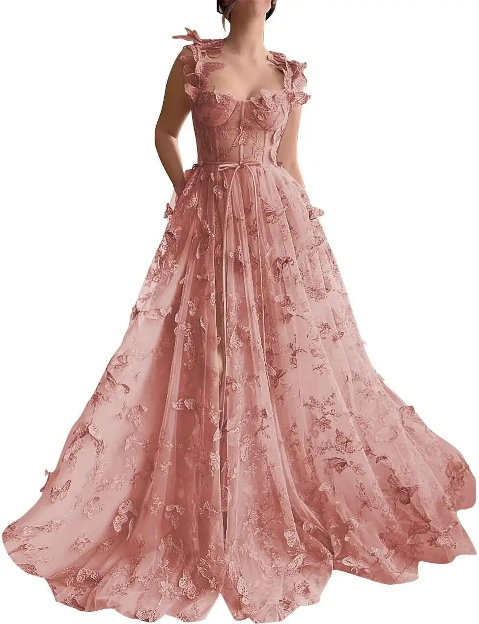 Women's 3D Butterfly Prom Dresses Tulle Ball Gown Fairy Corset Long Slit Lace Applique Formal Evening Dress party dresses