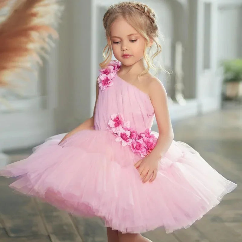 Vestidos de tul rosa con flores 3D, de un solo hombro, para bodas, fiestas de cumpleaños, banquetes, vestidos de princesa, vestidos de niña de las flores 