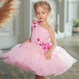 Vestidos de tul rosa con flores 3D, de un solo hombro, para bodas, fiestas de cumpleaños, banquetes, vestidos de princesa, vestidos de niña de las flores 