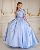 One-Shoulder-Satin-Blumenmädchenkleider, lange Festzugskleider für Mädchen, Ballkleid mit Schleife, Prinzessinnenkleid, Partykleider