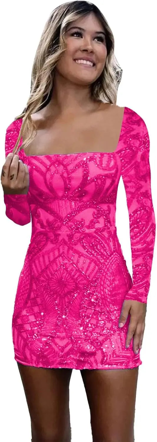 Vestidos de fiesta de manga larga con lentejuelas y encaje para mujer, cortos, ajustados, brillantes, con escote cuadrado, para cóctel o fiesta. 