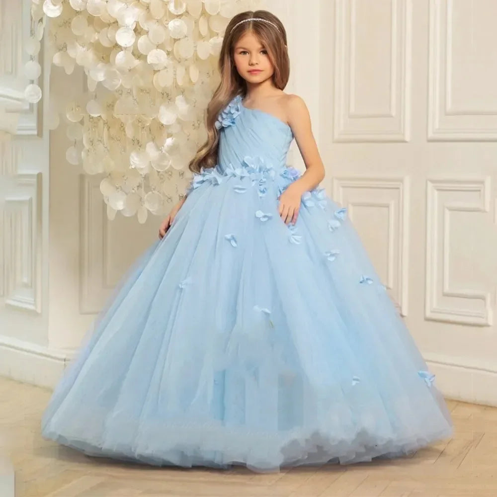 Kleid für die erste heilige Kommunion, blau, eine Schulter, Blumenmädchenkleider für Hochzeit, 3D-Blumen, bodenlang, Mädchen, Kindergeburtstag 
