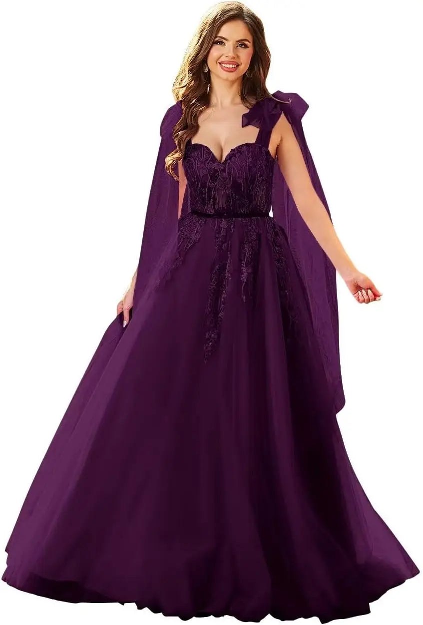 Vestidos de fiesta de tul con apliques de encaje para mujer, tirantes finos ajustables, vestidos de gala largos de corte A, vestidos de noche, vestidos de fiesta 