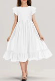Girls Elegant Lace Flower Crew Neck Ruffle Chiffon A-Line Flowy Birthday Party Midi Dress ball gown  princess dress