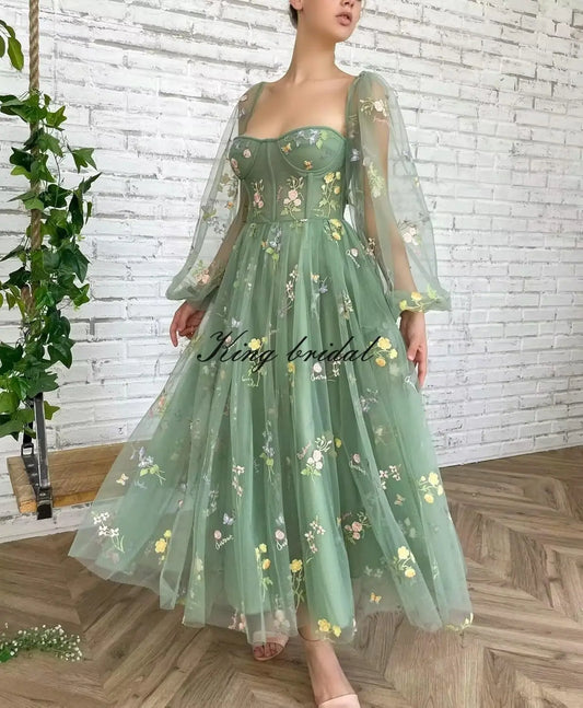 Vestido de fiesta de tul con bordado de flores y manga larga para mujer, hecho a medida, largo hasta la rodilla, corte A, estilo hada, vestido formal de noche para fiesta 