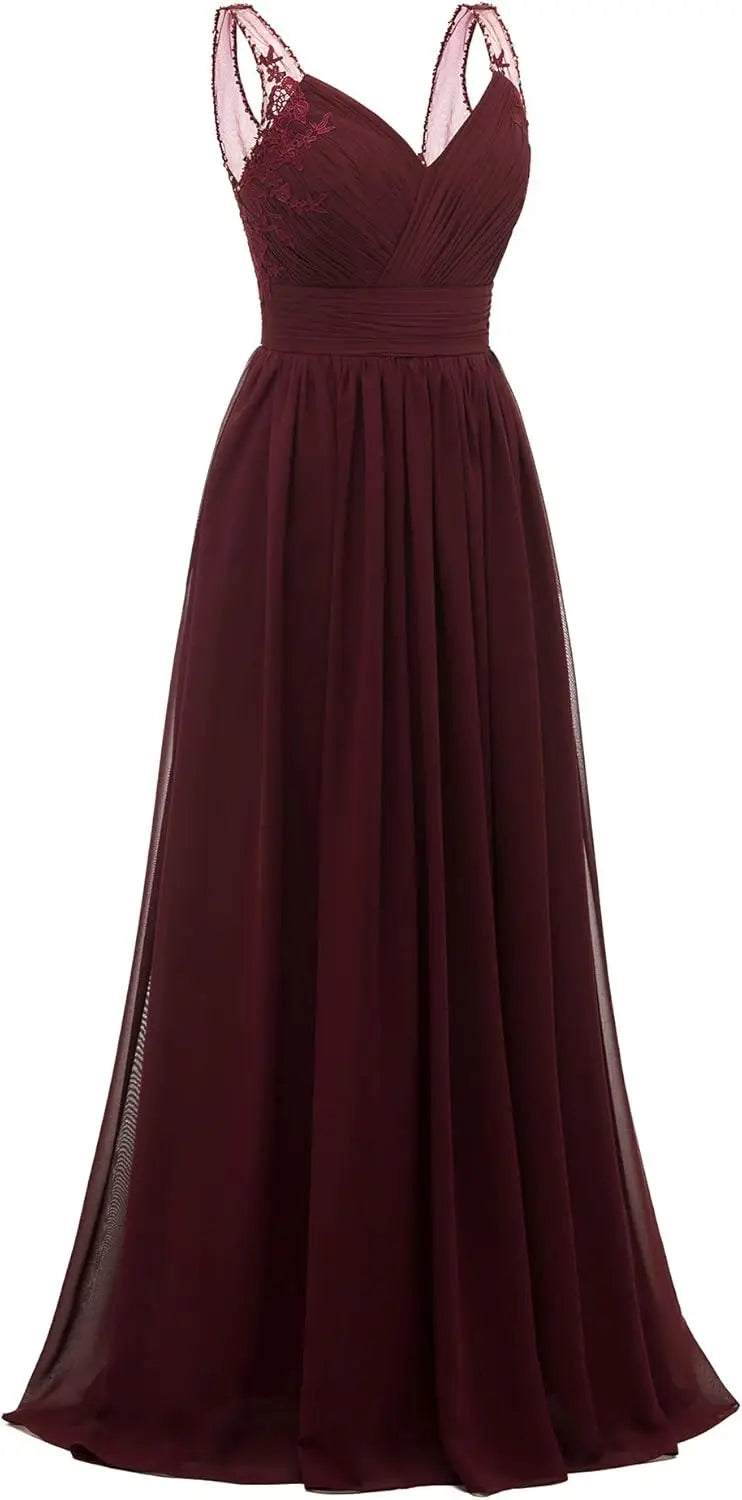 Chiffon-Spitze Brautjungfernkleider lang für Damen V-Ausschnitt Plissee Tüll Träger A-Linie Abschlussball Abend Hochzeit formelle Kleider 