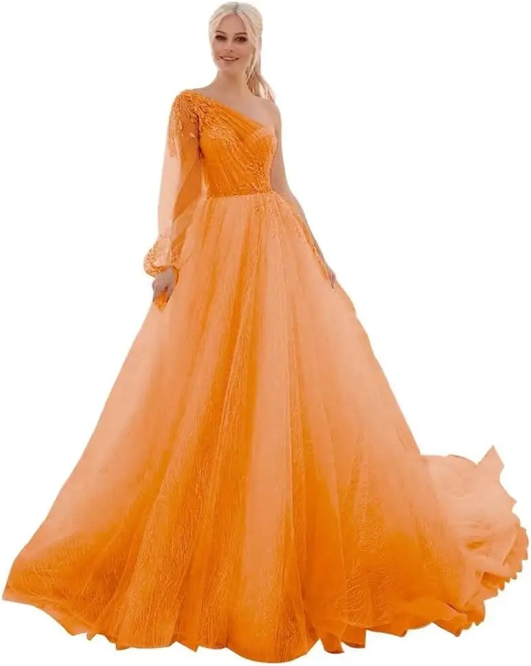 One Shoulder Appliques Tulle Prom Dresses Glitter Ball Gown Wedding Dress Princess Formal Gown