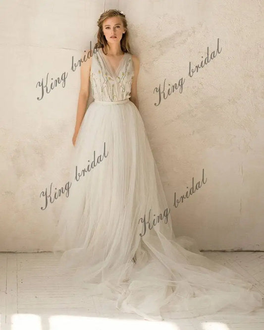 Vestido de novia sin mangas color marfil, vestido de novia con escote en V, vestido de novia de tul, vestido de novia sencillo con espalda abierta, vestido de novia para la playa 