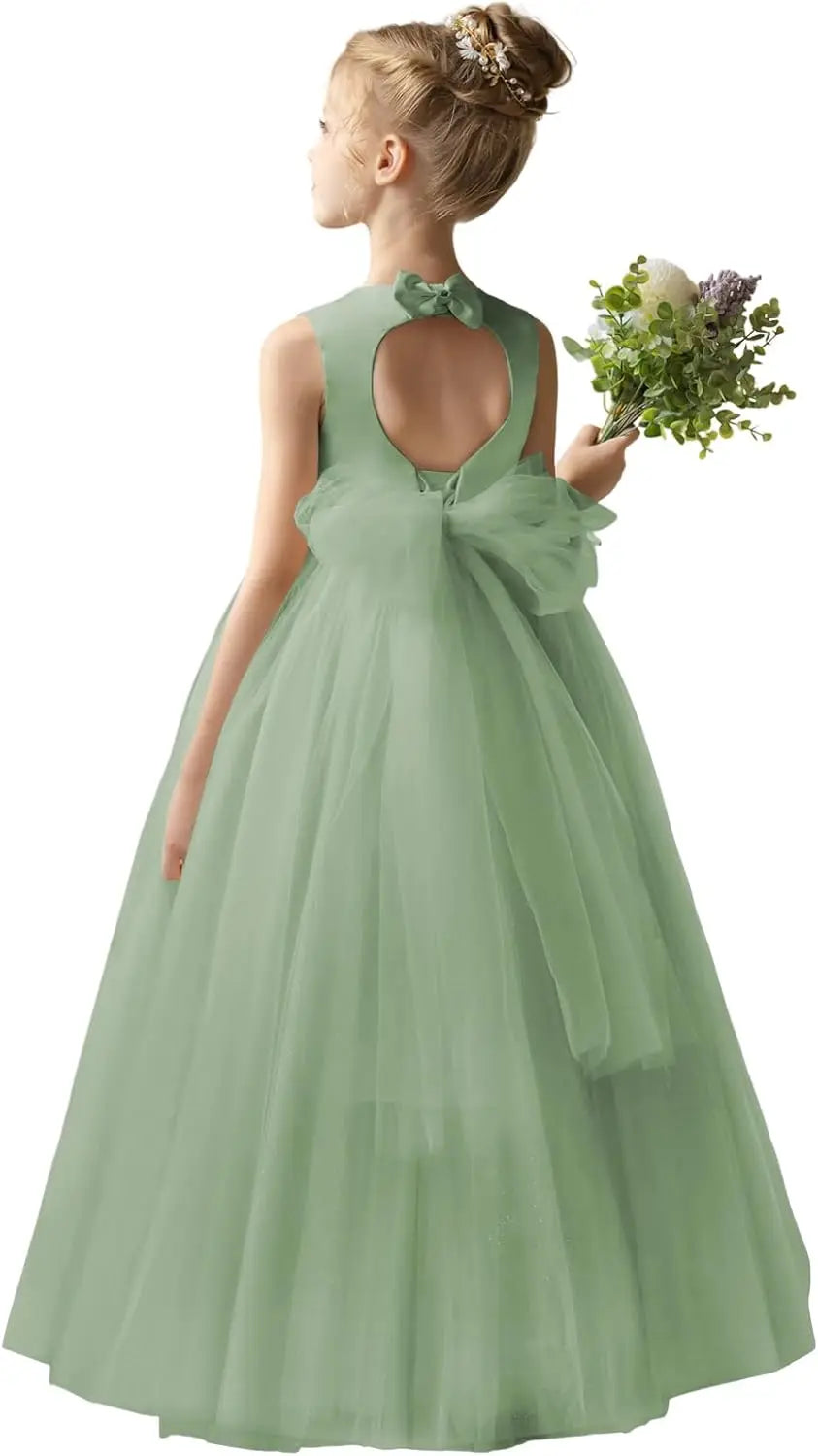 Flower Girl Dresses for Wedding Puffy Satin Tulle Princess Pageant Dress for Girls Crew Neck Tulle Bow Prom Ball Gowns