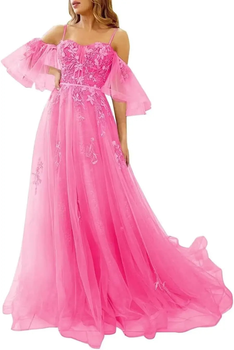 Lace Applique Tulle Prom Dresses Off Shoulder Puffy Sleeves Wedding Dress Long Women Sweetheart A Line Evening Gowns