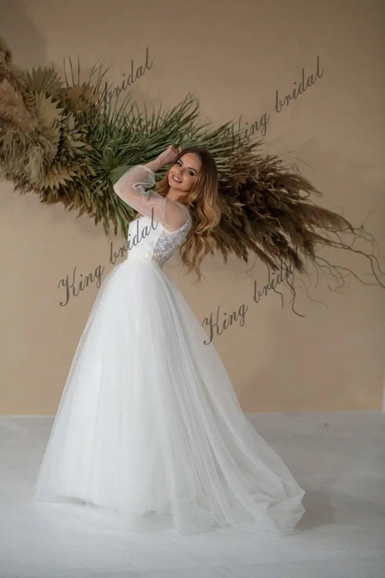 Vestido de novia de encaje y tul con escote en V profundo y mangas largas Vestido de novia línea A personalizado Vestidos de novia para mujer 2025 novia 