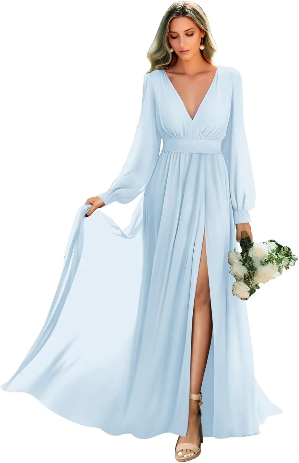 Long Sleeve Bridesmaid Dresses with Slit Pleated Wedding Party Gowns V Neck Chiffon Long Formal Dress evening dress