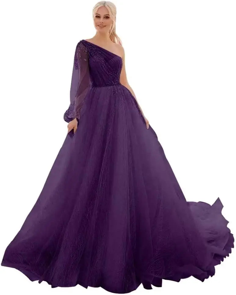 One Shoulder Appliques Tulle Prom Dresses Glitter Ball Gown Wedding Dress Princess Formal Gown