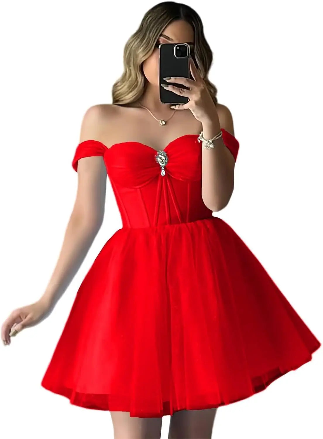 Vestidos de fiesta de tul brillante con hombros descubiertos, vestidos de fiesta cortos para adolescentes, vestido de cóctel de corte A con escote en forma de corazón y vuelo. 