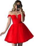 Vestidos de fiesta de tul brillante con hombros descubiertos, vestidos de fiesta cortos para adolescentes, vestido de cóctel de corte A con escote en forma de corazón y vuelo. 