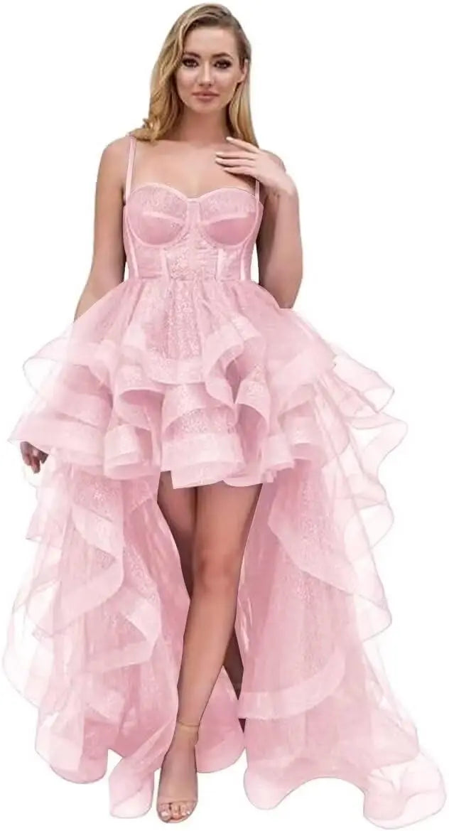 Vestido de fiesta corto de tul con tirantes finos y volantes 2025, vestidos de fiesta altos y bajos para adolescentes, vestido de graduación 