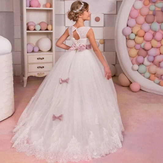 Apliques de encaje de diamante blanco con lazo rosa sin mangas para bodas, fiestas de cumpleaños, banquetes, vestidos personalizados para niñas de las flores 