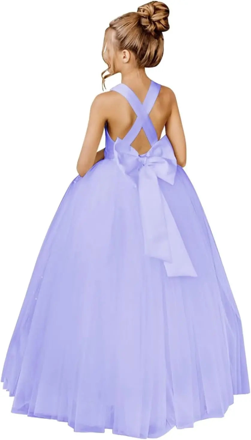 Crossed Straps Flower Girl Dress Satin Long Prom Dress with Bow Puffy Tulle Pageant Dresses for Girls princess dress