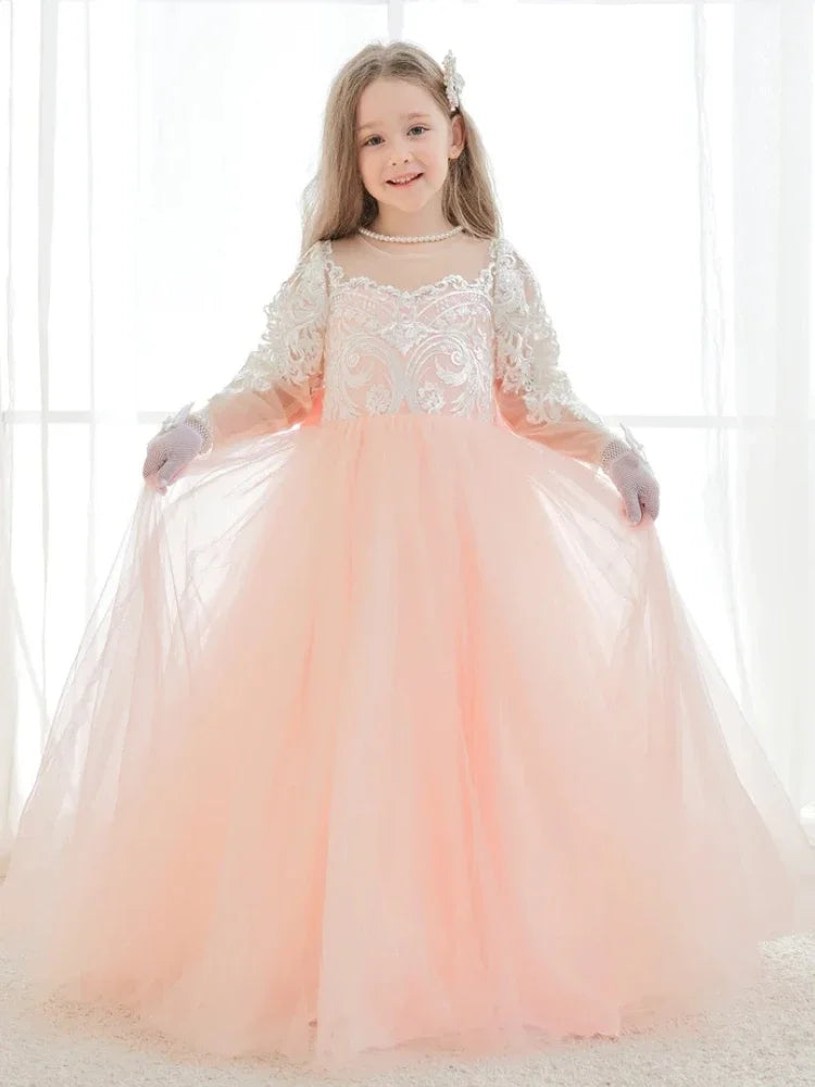 Vestidos de primera comunión para fiesta de cumpleaños, vestidos de niña de las flores de tul rosa, apliques blancos con cola y lazo, manga larga para boda 