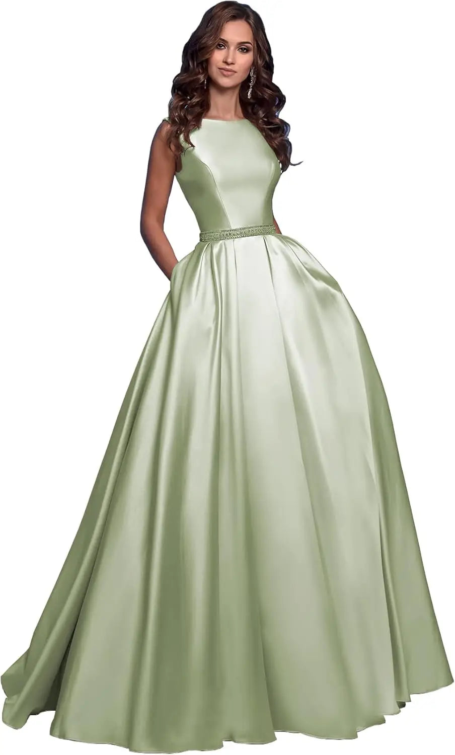 Damen A-Linie Satin Ballkleid Langes Ballkleid Gerafftes Perlenbesetztes Abendkleid Formales Partykleid mit Taschen 