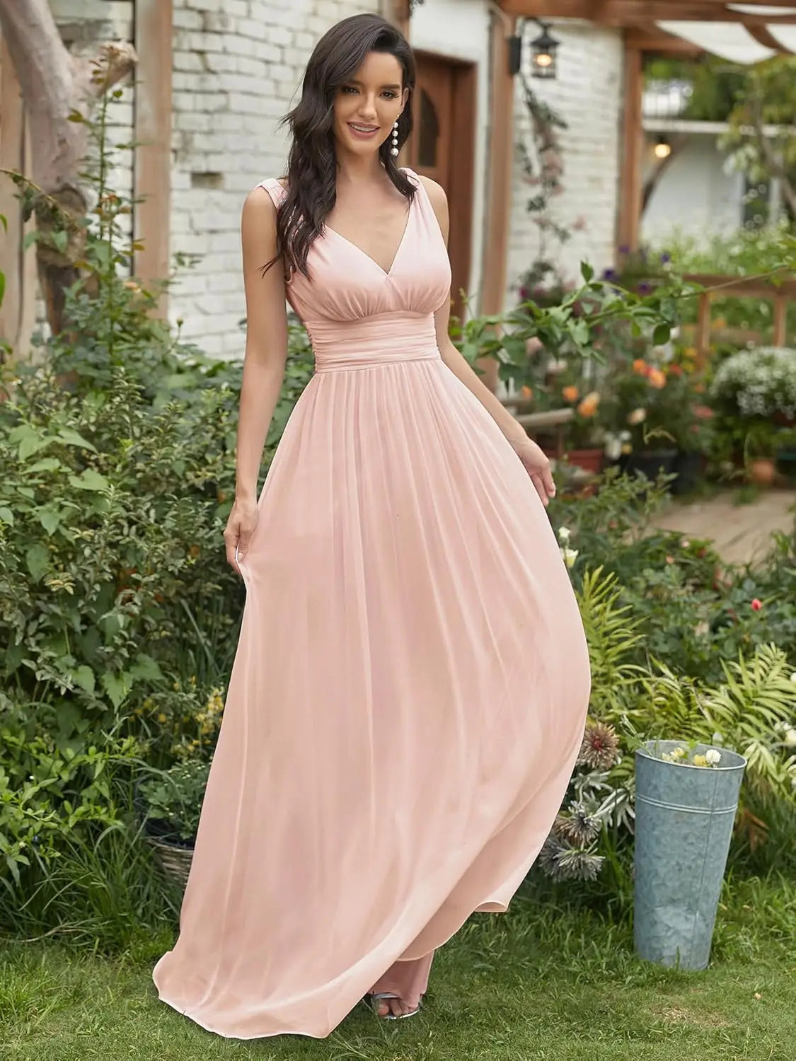 Womens Bridesmaid Dress V-Neck Sleeveless A Line Chiffon Floor Length Formal Dress wedding guest dress  ball gown